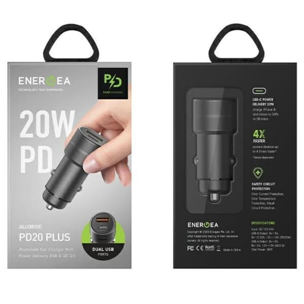 Energea Biloplader 38W 1xUSB-C 1xUSB-A PD-QC3.0 - Gunmetal Grå