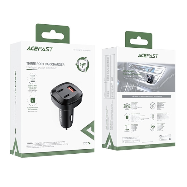Acefast Billaddare 66W 2x USB-C Till USB - Svart Svart