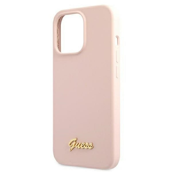 Guess iPhone 13 Pro Max Skal Magsafe Silicone Script Guld Logo - LjusRosa Rosa