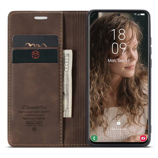 CASEME Series Konstläder Plånboksfodral Mobilskal för Samsung Galaxy S21 Brun