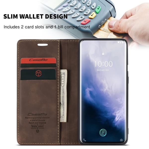 CASEME 013 OnePlus 7 Pro Konstläder Plånboksfodral Auto-absorberande Brun