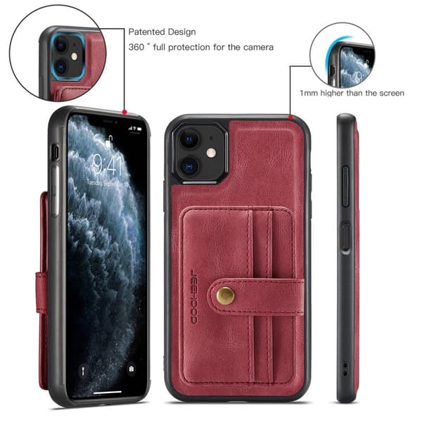 JEEHOOD Mobilskal till iPhone 11 Wallet Röd RFID-Skydd Anti-fall