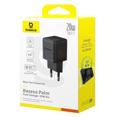 Baseus Snabbladdare USB-C - USB-A 20W Palm - Svart Svart