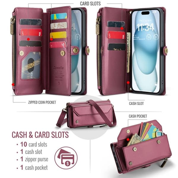 CASEME Plånboksfodral Konstläder för iPhone 15 Plus - Vinröd