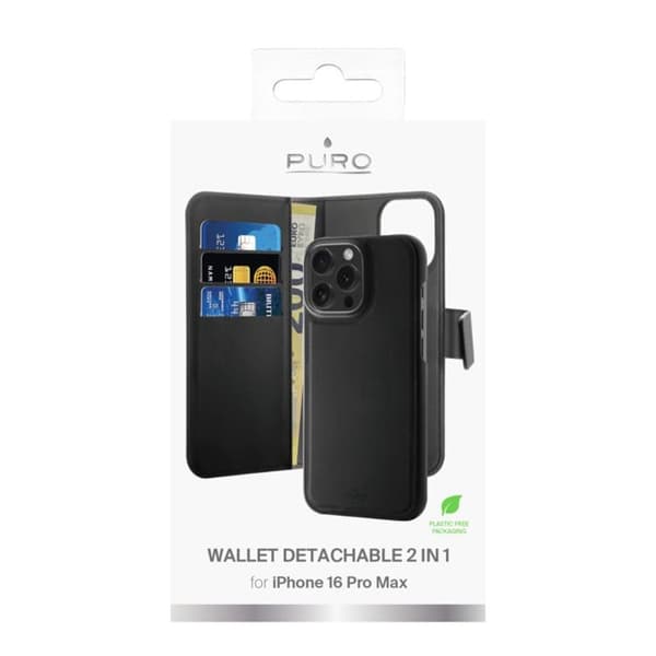 Puro iPhone 16 Pro Max Plånboksfodral 2-in-1 Detachable - Svart Black