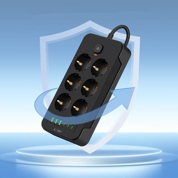 Tech-Protect Strømfordelingsstik 3x USB/3x USB-C/6 Stik 200 cm - Sort Svart