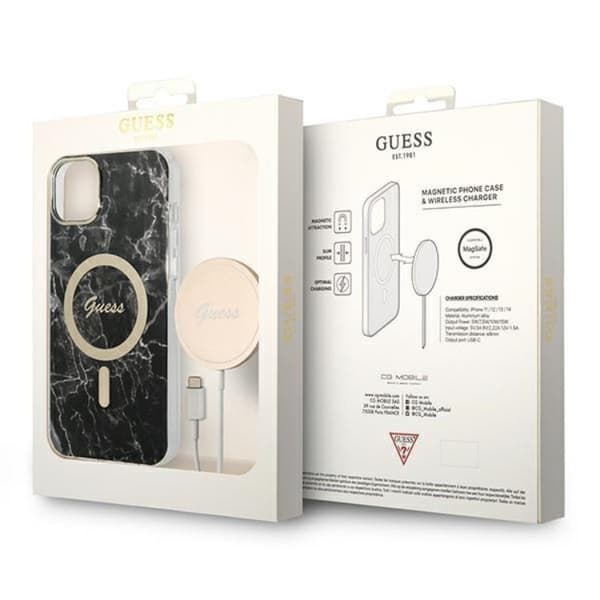 GUESS iPhone 14 Plus Magsafe Skal Marble + Trådløs Oplader - Sort Black