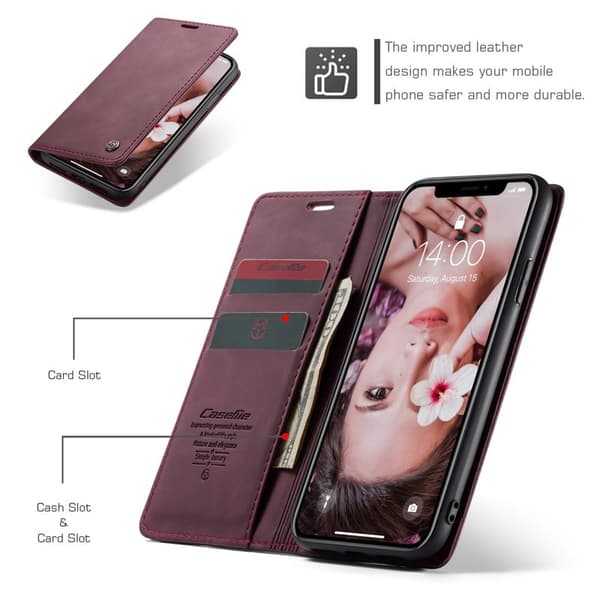 CASEME 013 KonstläderPlånboksfodral för iPhone XR 6.1 tum - Vinröd
