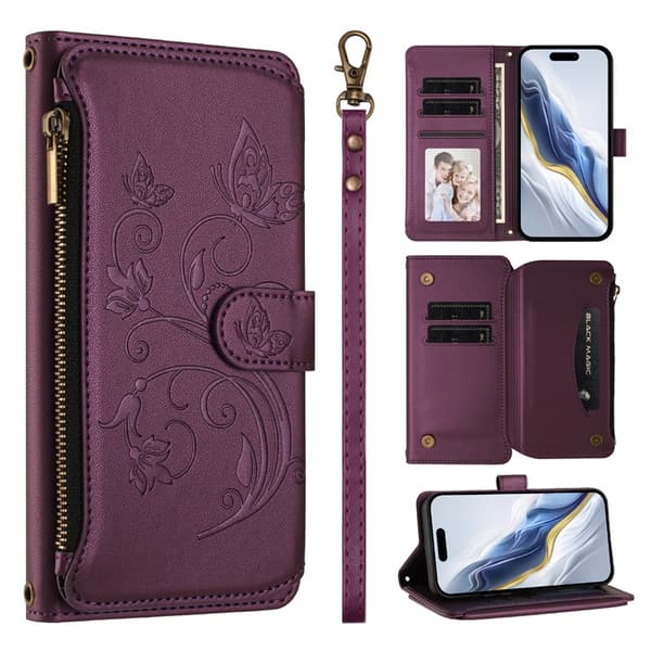 iPhone 17 Pro Plånboksfodral Butterfly Floral Imprint - Lila Lila