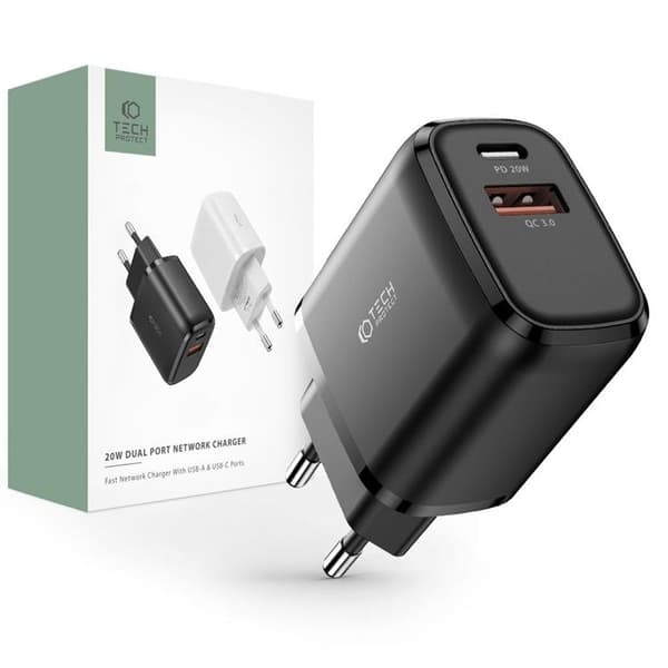 Tech-Protect C20W 2-Portin verkkolaite PD20W/QC3.0 - Musta Svart