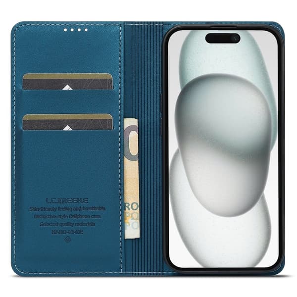 LC.IMEEKE L1 Series iPhone 15 Plånboksfodral Konstläder - Blå