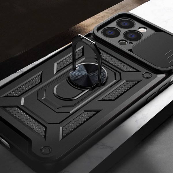 iPhone 14 etui med ringholder Hybrid Armor Camshield - Sort