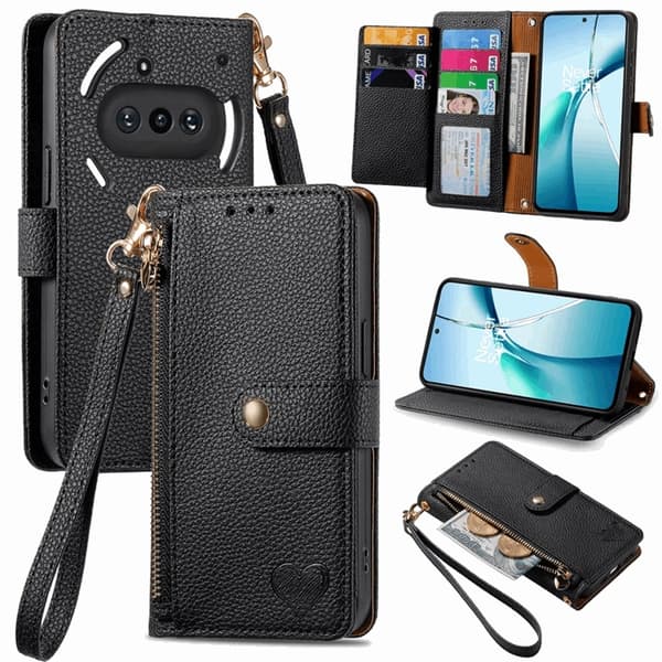 Nothing Phone (3a) Konstläder Plånboksfodral RFID-Skydd Zipper med Rem - Svart