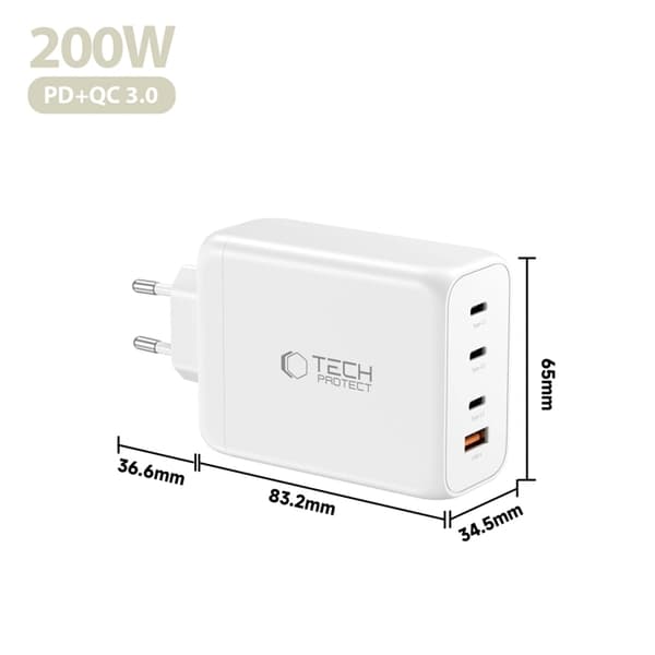 Tech-Protect 4-Port Snabbladdare 200W QC3.0 NC200W-GAN Vit