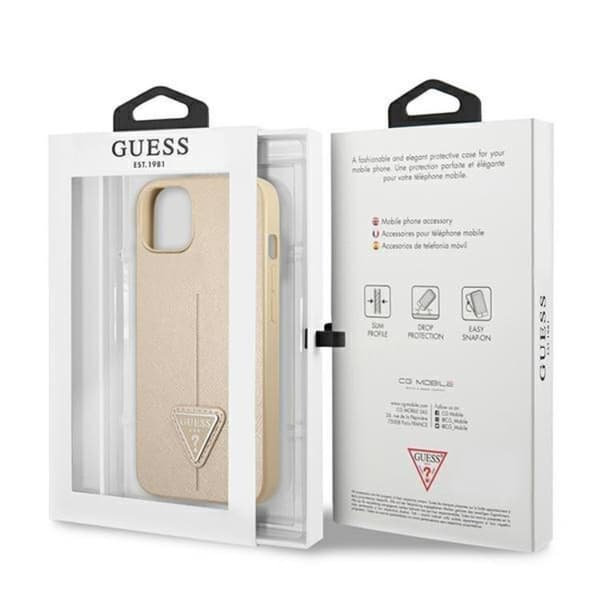 GUESS iPhone 14 Plus -kotelo Saffiano Triangle Logo - Beige Beige