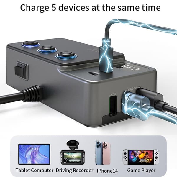 3in1 Billaddare 35W 3x USB-A/2x USB-C Cigarette Adapter 120W Svart
