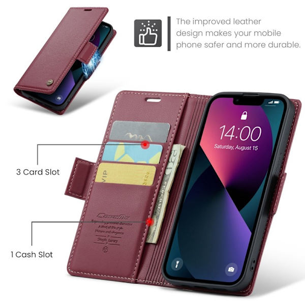 CASEME Plånboksfodral Konstläder för iPhone 15 Plus - Röd
