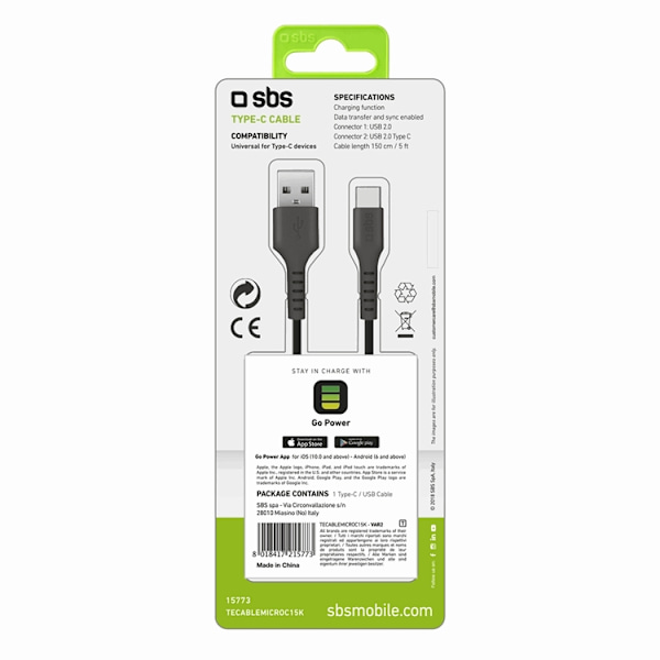 SBS USB-A - USB-C Kabel 1.5m - Svart Svart