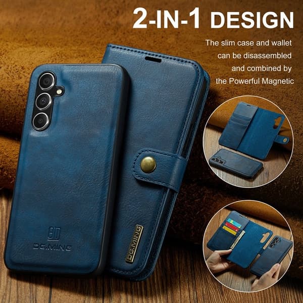 DG.MING Samsung Galaxy S23 FE Plånboksfodral Äkta läder Ställ Blå