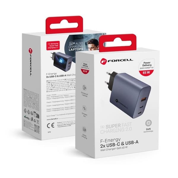 Forcell F-Energy GaN Väggladdare 65W 2xUSB-C 1xUSB-A VT-42B - Grå Grå