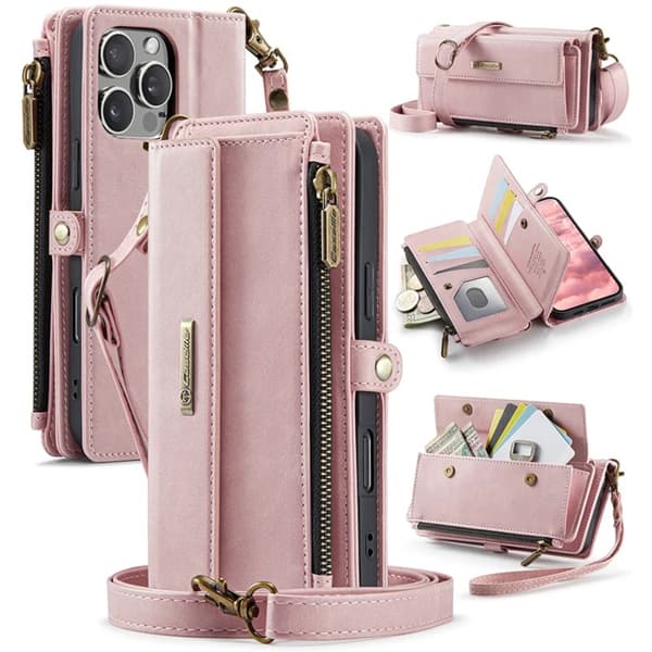Caseme iPhone 16 Pro Max Konstläder Plånboksfodral RFID-Skydd Zipper - Rosa Rosa