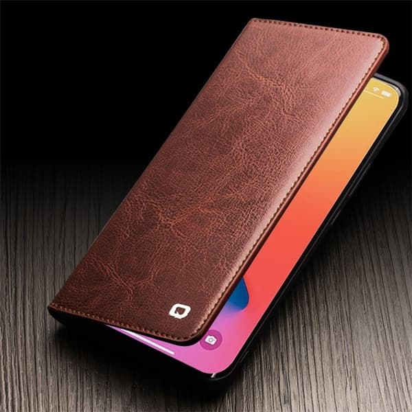 QIALINO iPhone 14 Pro Max Plånboksfodral Äkta Läder Drop Proof Brun