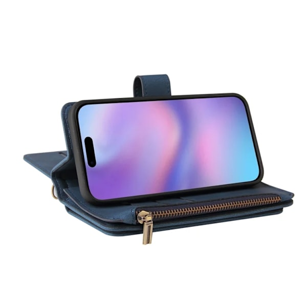 iPhone 17 Konstläder Plånboksfodral Zipper Rem Blå