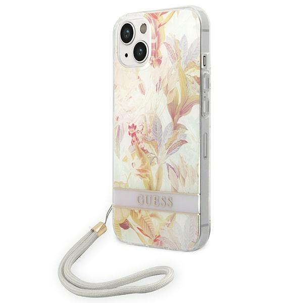 GUESS iPhone 14 Plus -kotelon kukkahihna - violetti