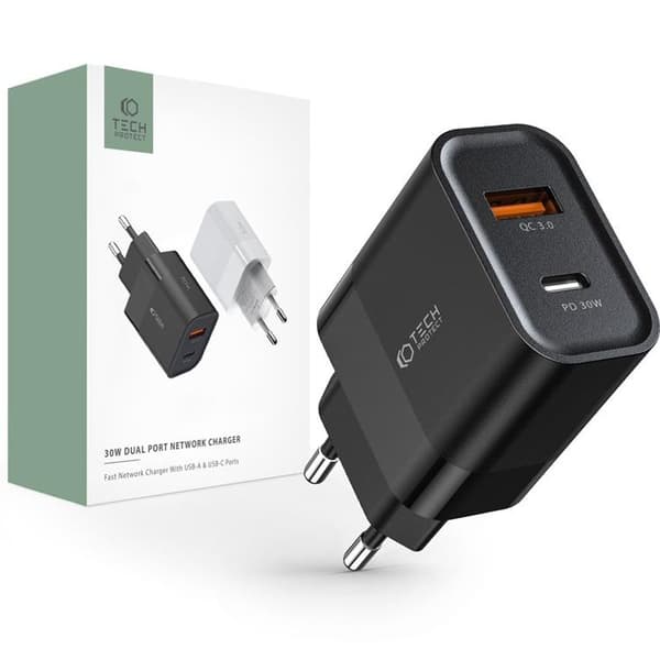 Tech-Protect C30W 2-Port Netværk Oplader PD30W/QC3.0 - Sort Svart