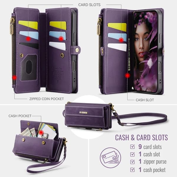 Caseme iPhone 16 Pro Max Konstläder Plånboksfodral RFID-Skydd Zipper - Lila Lila