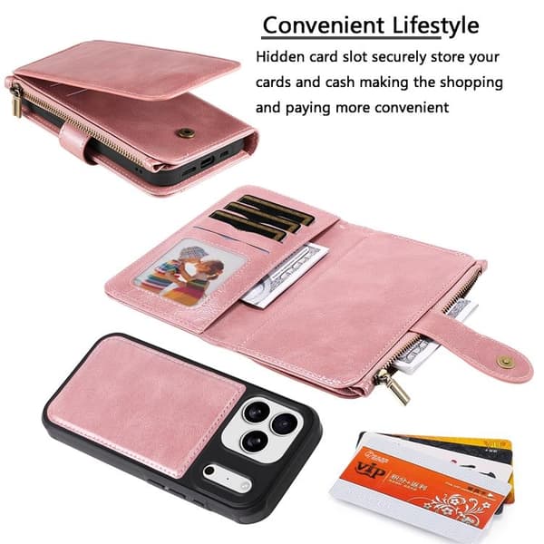 iPhone 17 Pro Konstläder Plånboksfodral Detachable Zipper - Roséguld Roséguld