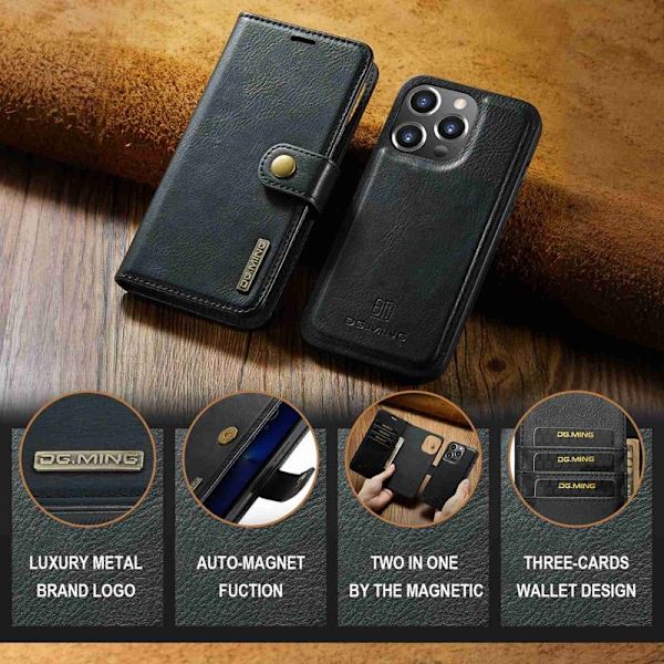 DG.MING iPhone 15 Pro Plånboksfodral Shockproof Äkta läder Svart