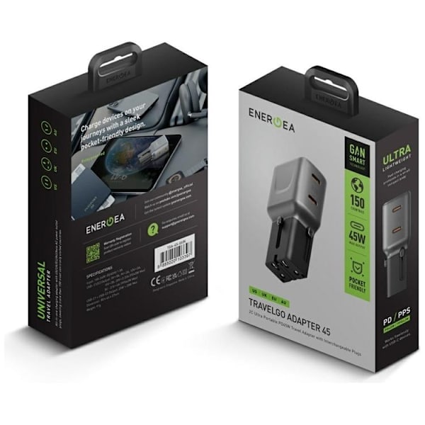 Energea Hurtigoplader 45W 2xUSB-C TravelGo - Grafit Sort Grå