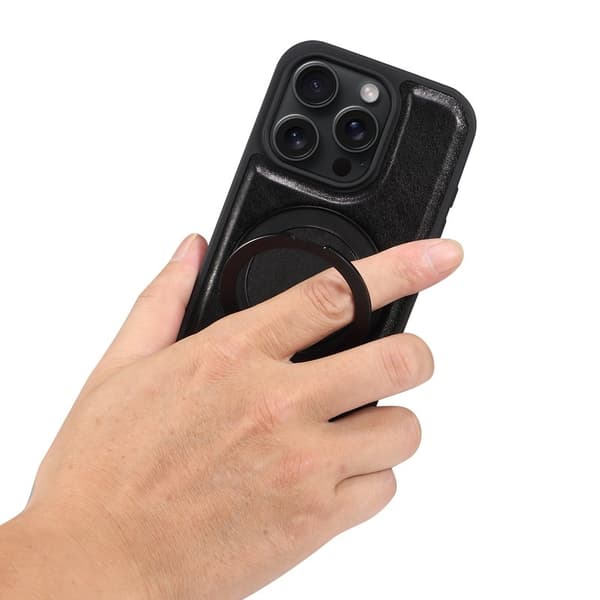 DENIOR Mobilskal till iPhone 16 Pro Rotera Magnetisk Ställning Äkta Läder Svart