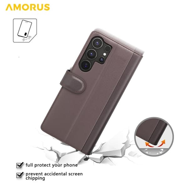 AMORUS Samsung Galaxy S26 Ultra Plånboksfodral Äkta Läder - Brun