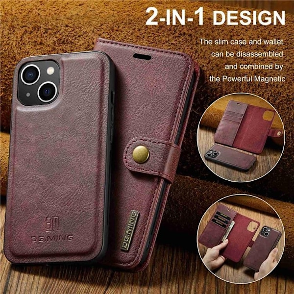 DG.MING iPhone 15 Plus Plånboksfodral Äkta Läder 2in1 - Röd