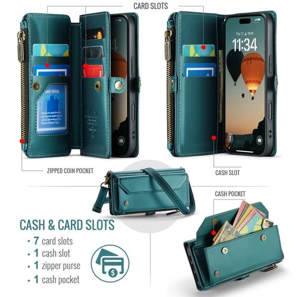 CASEME Plånboksfodral Konstläder för iPhone 17 Pro - Grön, 10 kortslots