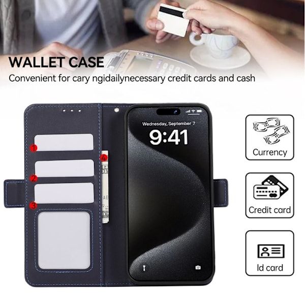 ABEEL iPhone 16 Pro Max Plånboksfodral Konstläder RFID-Skydd Ställ - Blå