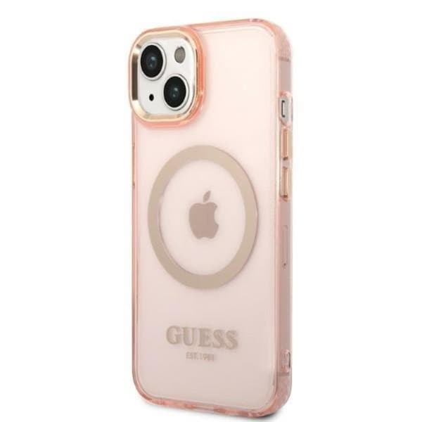 GUESS iPhone 14 Plus Skal MagSafe Guld Outline Translucent - Rosa Rosa