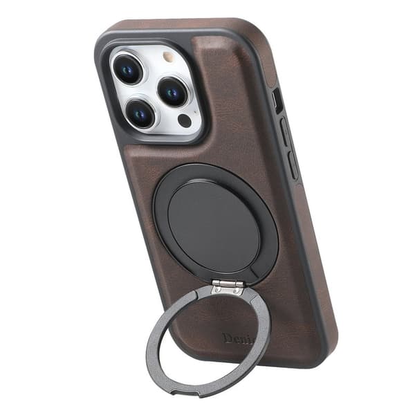DENIOR Mobilskal till iPhone 15 Pro Magnetiskt Rotationsstativ Läder PC TPU Brun