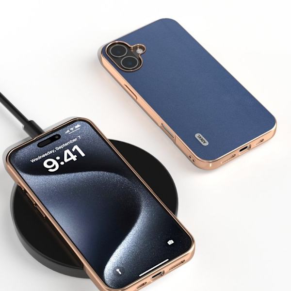 ABEEL Mobilskal till iPhone 16 Electroplating Äkta Äkta Läder - Blå