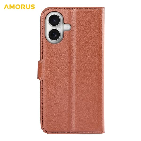 AMORUS iPhone 17 Konstläder Plånboksfodral Flipstativ Litchi - Brun Brun