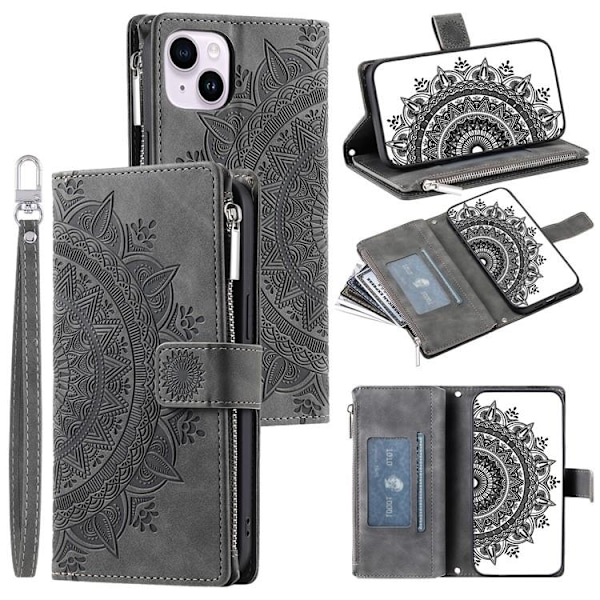 iPhone 15 Plus Plånboksfodral Mandala Flower Imprinted - Grå