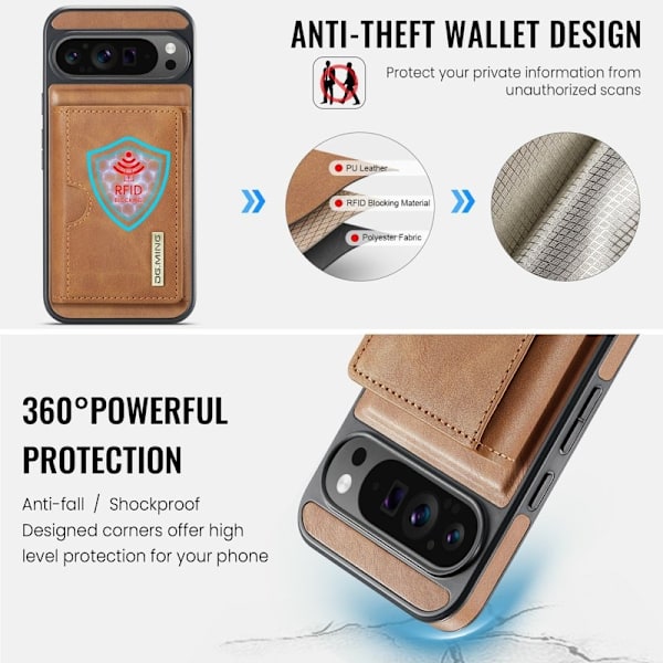 DG.MING M6 Series Konstläder Plånboksfodral för Google Pixel 9 Pro - Brun