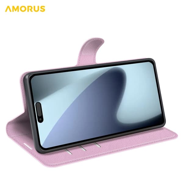 AMORUS iPhone 17 Konstläder Plånboksfodral Flipstativ Litchi - Rosa Rosa