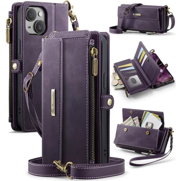 Caseme iPhone 14 Konstläder Plånboksfodral RFID-Skydd Zipper - Lila Lila