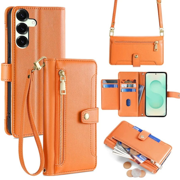 Galaxy S25 Plus Konstläder Plånboksfodral med 2 Rem - Orange Orange