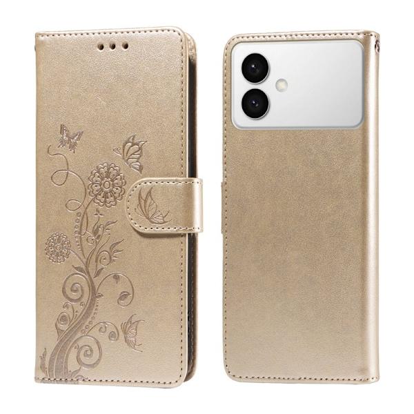 Samsung Galaxy S26 Edge Plånboksfodral Konstläder Blomtryck Ställ - Guld
