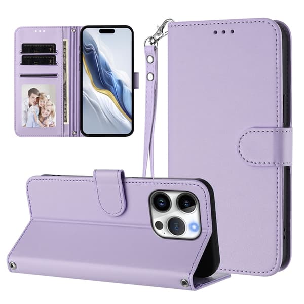 iPhone 16 Pro Max Plånboksfodral Läder med Handledsrem - Ljuslila Lila