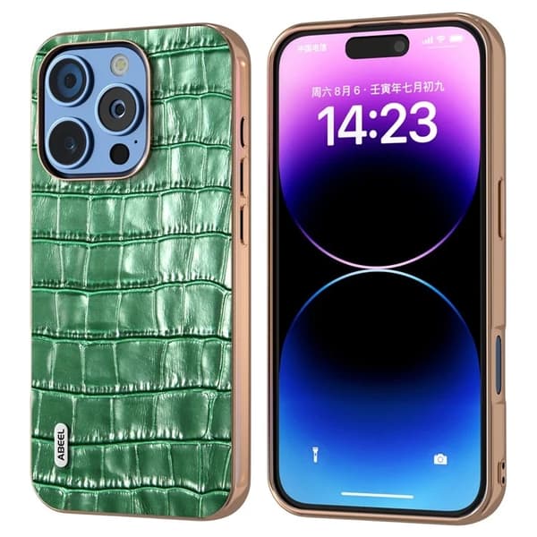 ABEEL Mobilskal till iPhone 16 Pro Äkta Läder Crocodile - Grön Grön